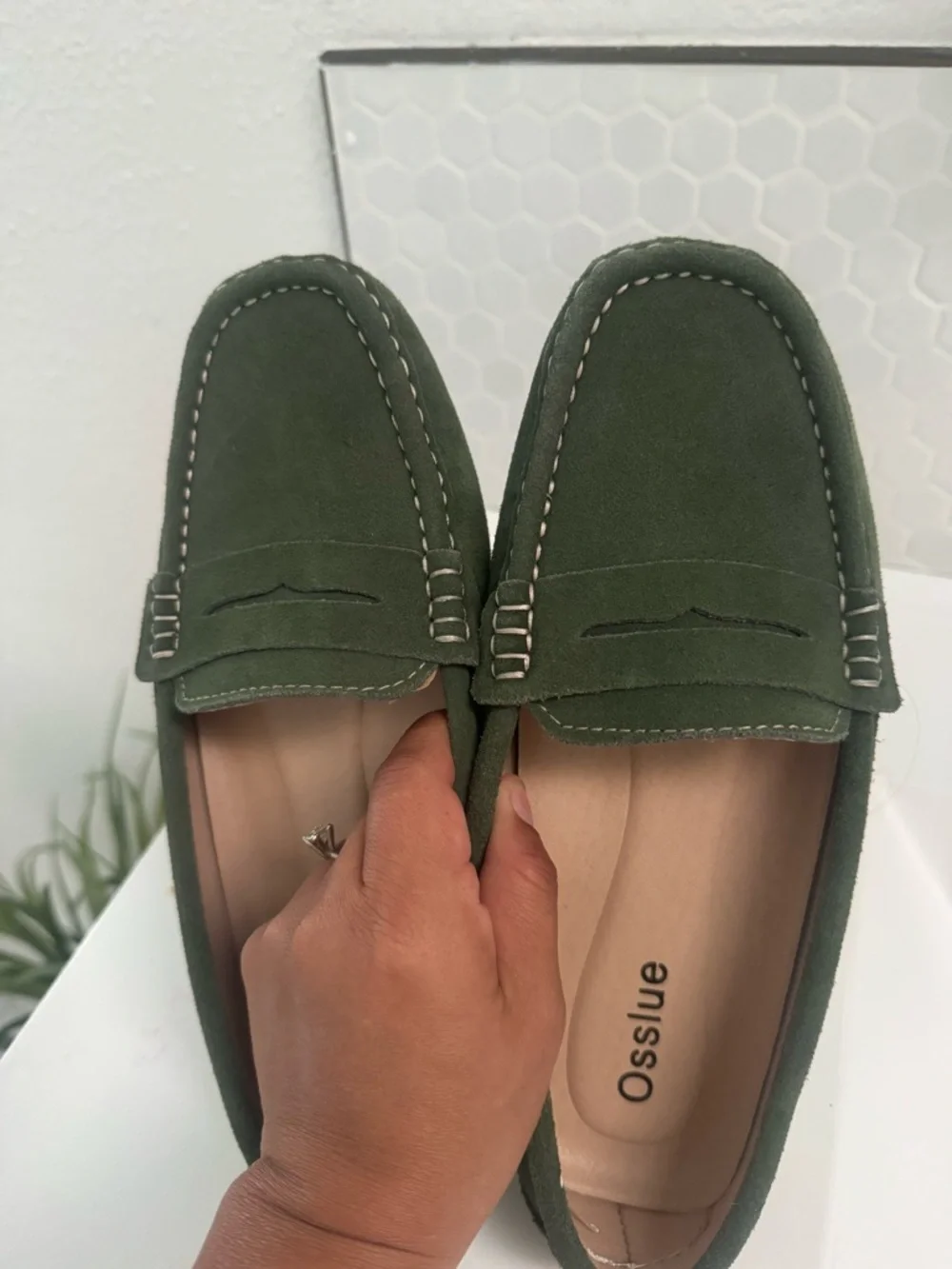 Womens Olive Suede Penny Loafers - Slip-On Comfort